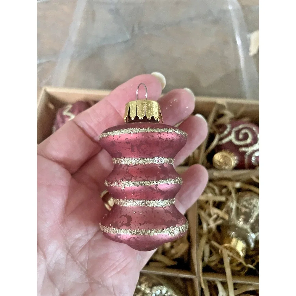 Vtg Set of 9 Ashland‎ Glass Glitter Frosted Pink Gold Christmas Ornaments NIB